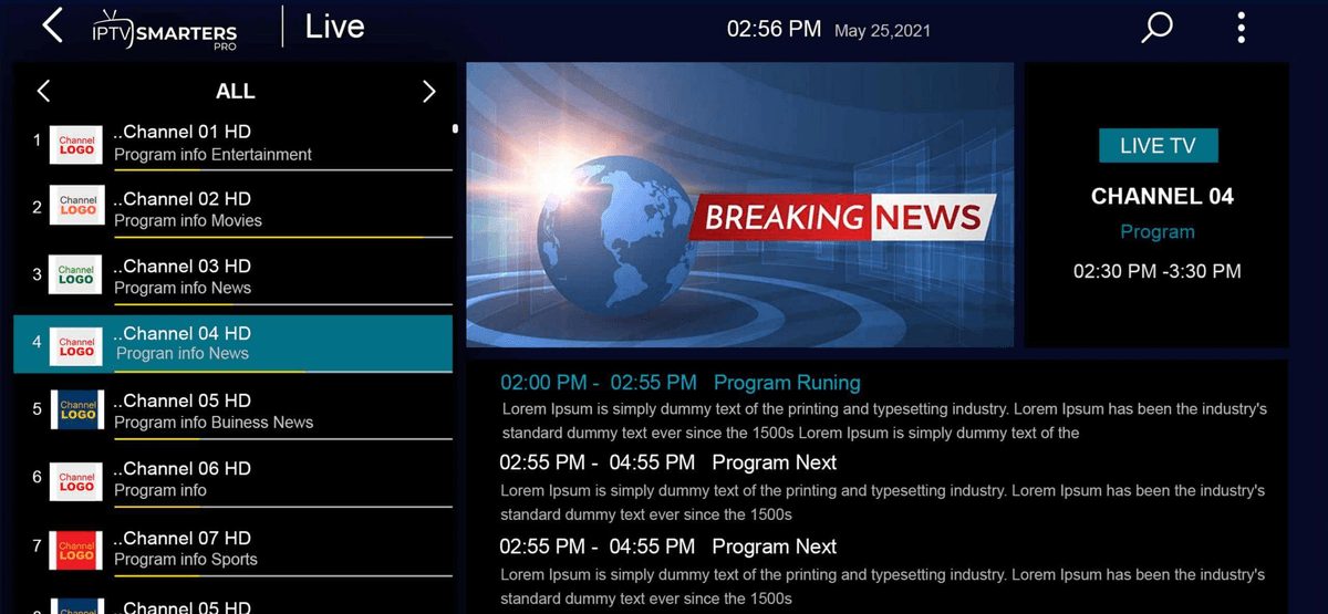 Canais ao vivo no IPTV Smarters Pro com guia de programação (EPG)