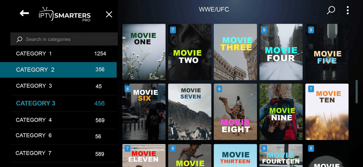 Catálogo de filmes por categoria no IPTV Smarters Pro