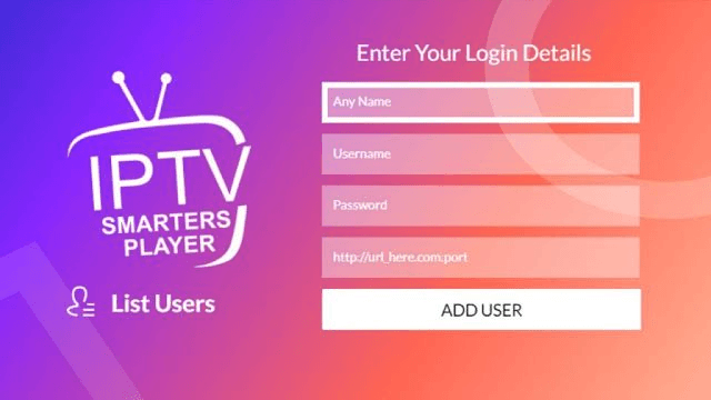 Tela de usuário e senha do IPTV Smarters Pro com nome, login, senha e URL