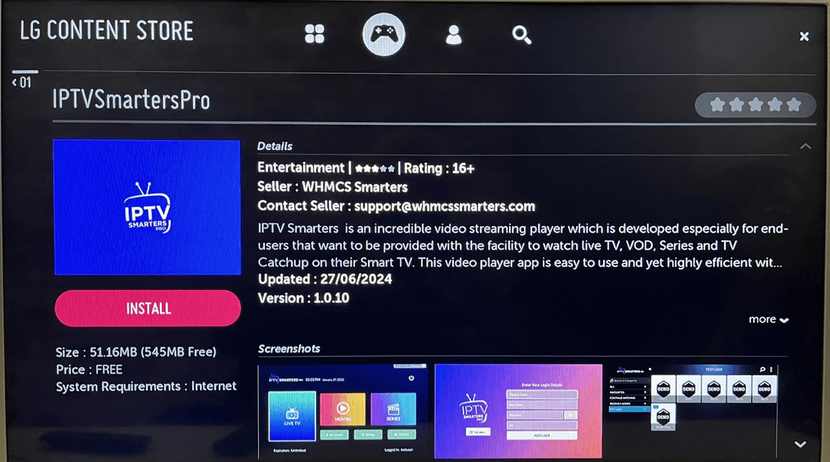 IPTV Smarters Pro na LG Content Store (webOS) com o botão Install