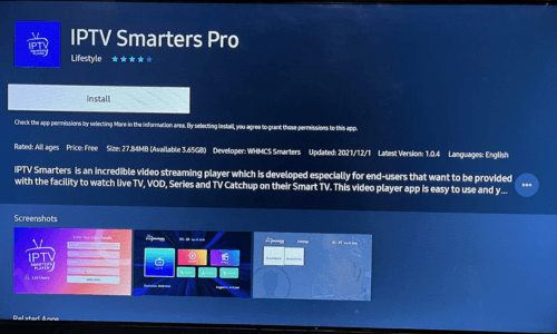 IPTV Smarters Pro na Samsung App Store (Tizen) com o botão Install
